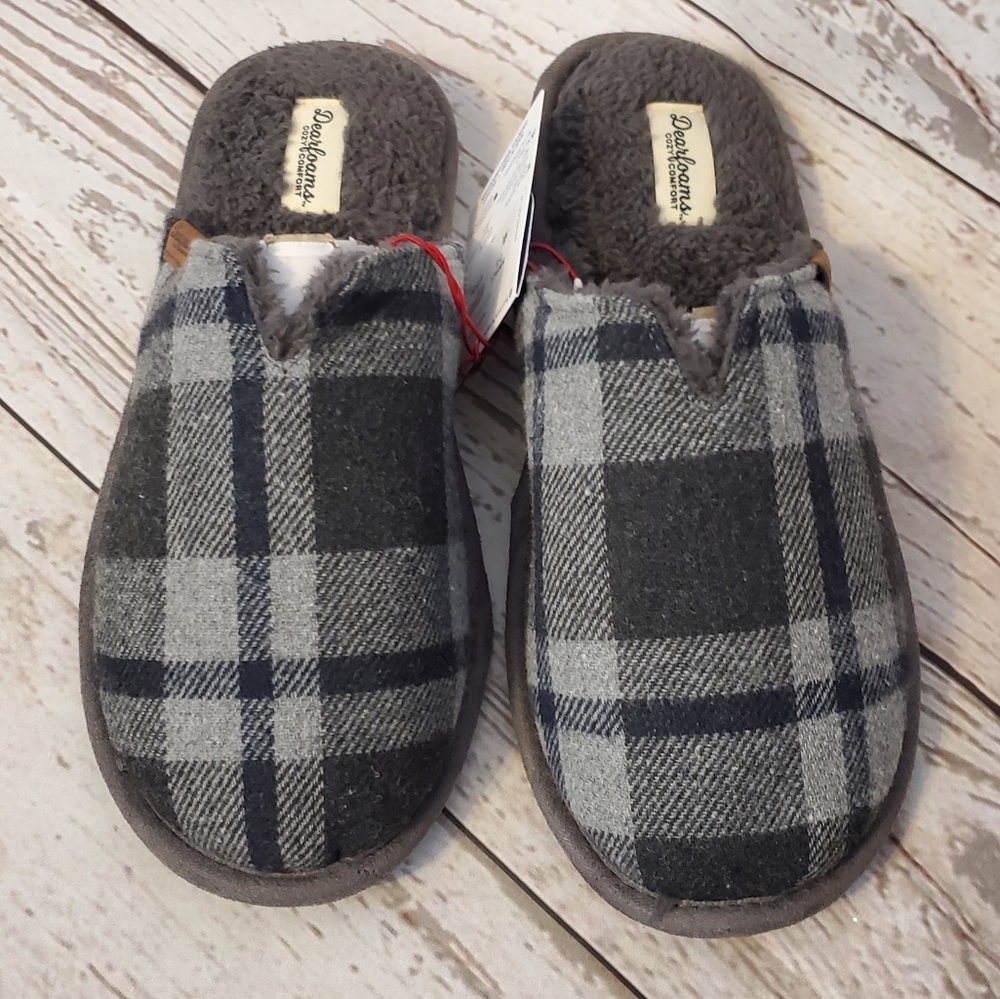 Dearfoams men's plaid felt scuffs slippers gray Small 7-8